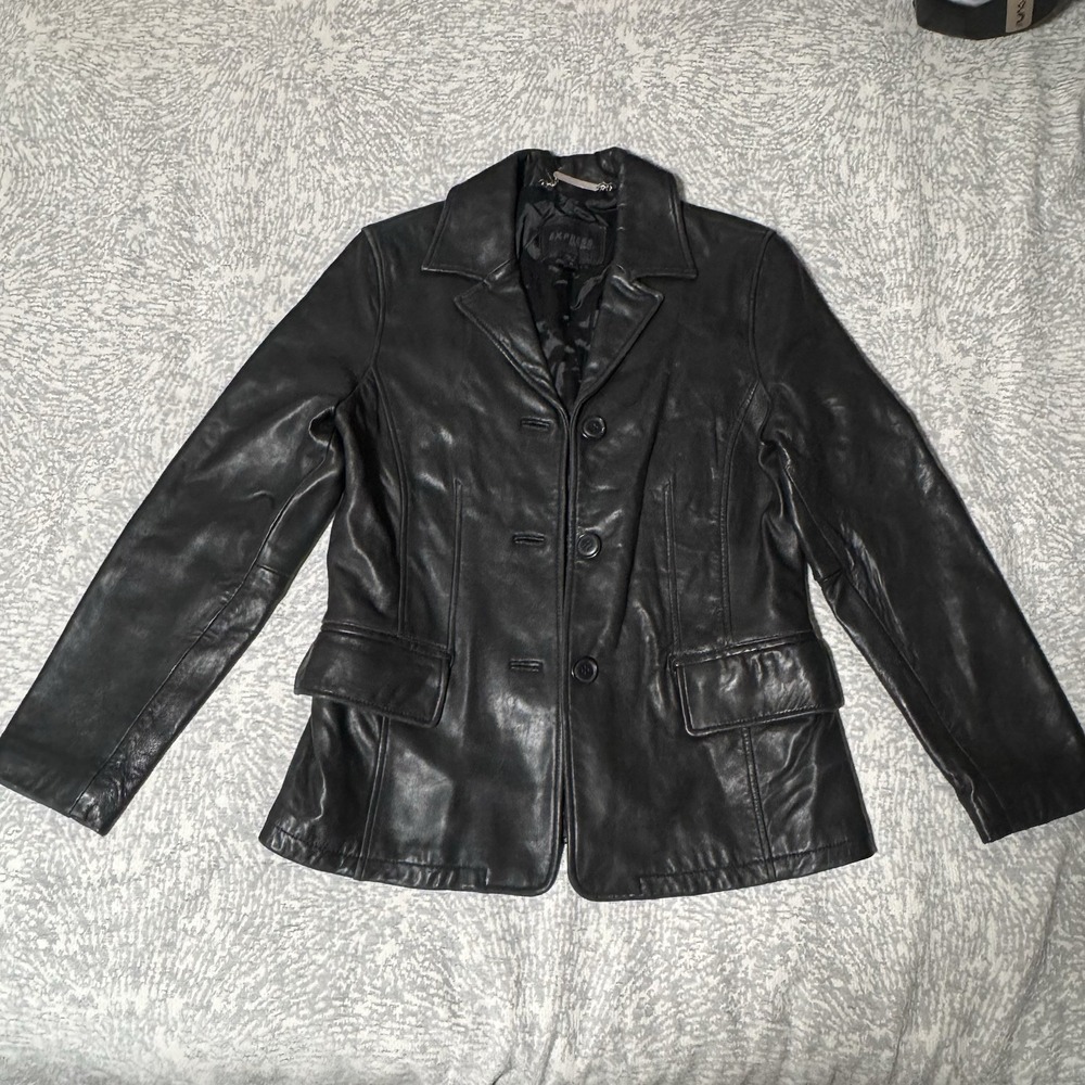 Express Black Leather Jacket Women's Size M Button Front Peacoat Style